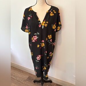 Old  Navy Floral Shift Dress Black Polka Dots Large Midi